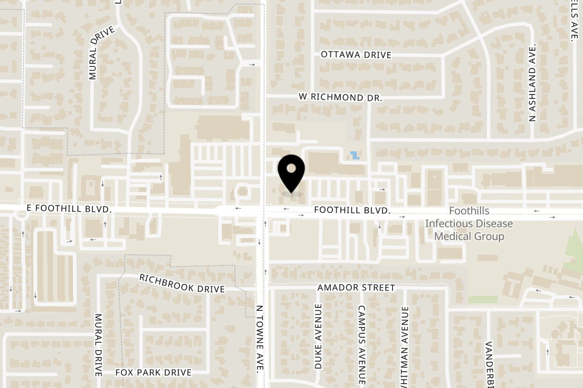 Map showing the location of Inka Trails Restaurant on 1077 W Foothill Blvd in Claremont